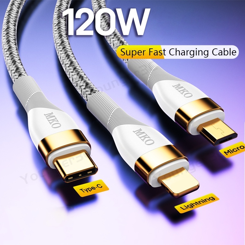 40menit Penuh 120W 6A Kabel Pengisian Super Cepat 3in1 Jalur Data Pengisian Flash Lapis Emas Untuk Iphone Tipe C Android