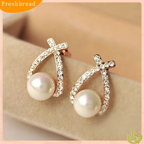 {In Stock} Women's Faux Pearl Ear Studs Earrings Cross Berlian Imitasi Hadiah Perhiasan Pernikahan