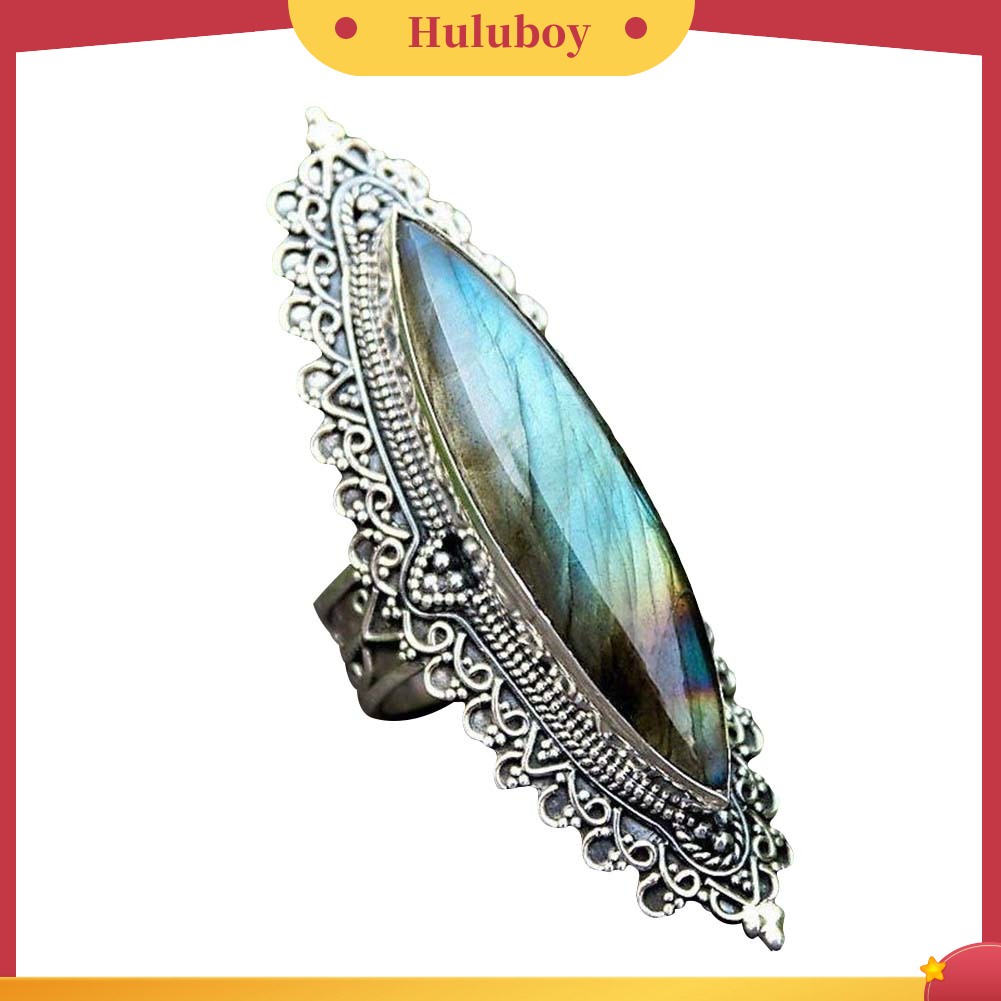 {Ready Stock} Retro Wanita Marquise Cut Faux Labradorite Bertatahkan Gua Jari Cincin Perhiasan Hadiah