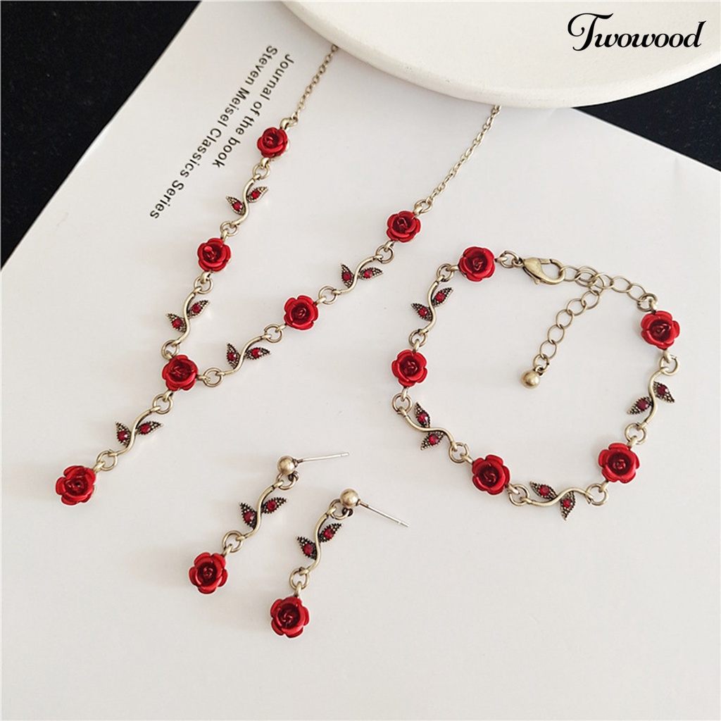 Twowood 1set Wanita Rose Kalung Gaya Perancis Retro Elegan Rantai Emas Peri Hadiah Adjustable Bunga Merah Gelang Stud Anting Kit Perhiasan Aksesoris