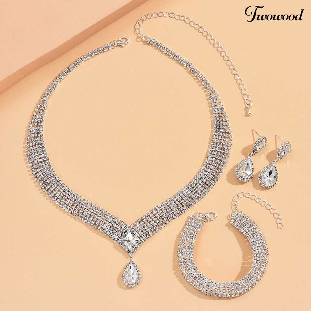 Twowood 4Pcs/Set Wanita Kalung Set High Gloss Dress Up Hypoallergenic Berlian Imitasi Bersinar Terang Kilau Set Perhiasan Aksesori