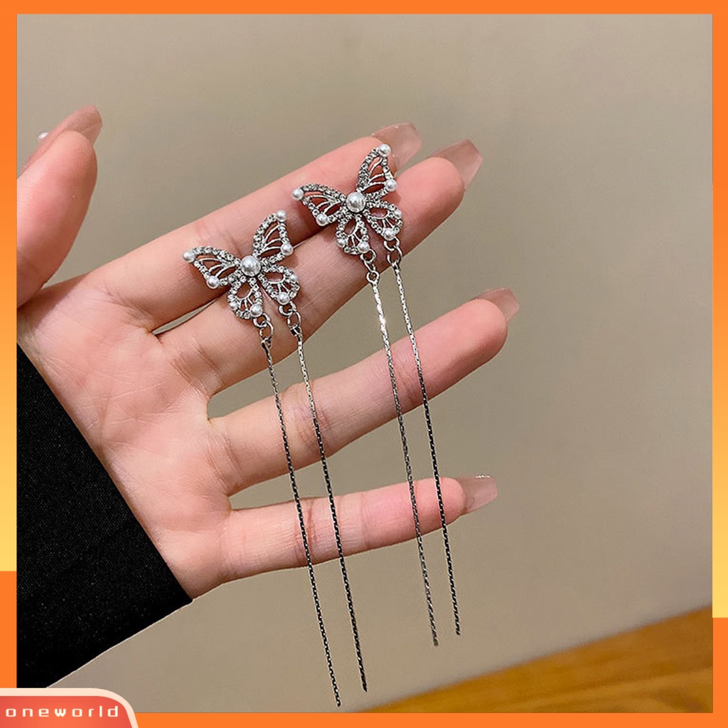 [OWR] 1pasang Drop Earrings Geometris Berlebihan Temperamen Hias Mengkilap Berdandan Elegan Klasik Berlian Imitasi Kupu-Kupu Rumbai Anting Perhiasan Fashion