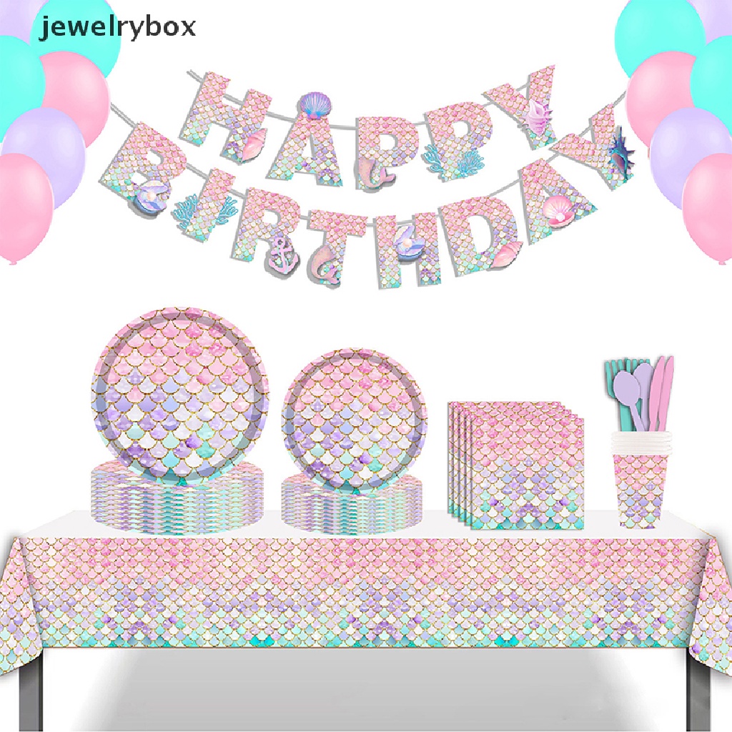 [jewelrybox] Little Mermaid Party Set Peralatan Makan Sekali Pakai Kertas Piring Cangkir Untuk Gadis Anak Mermaid Perlengkapan Dekorasi Ulang Tahun Bawah Laut Butik
