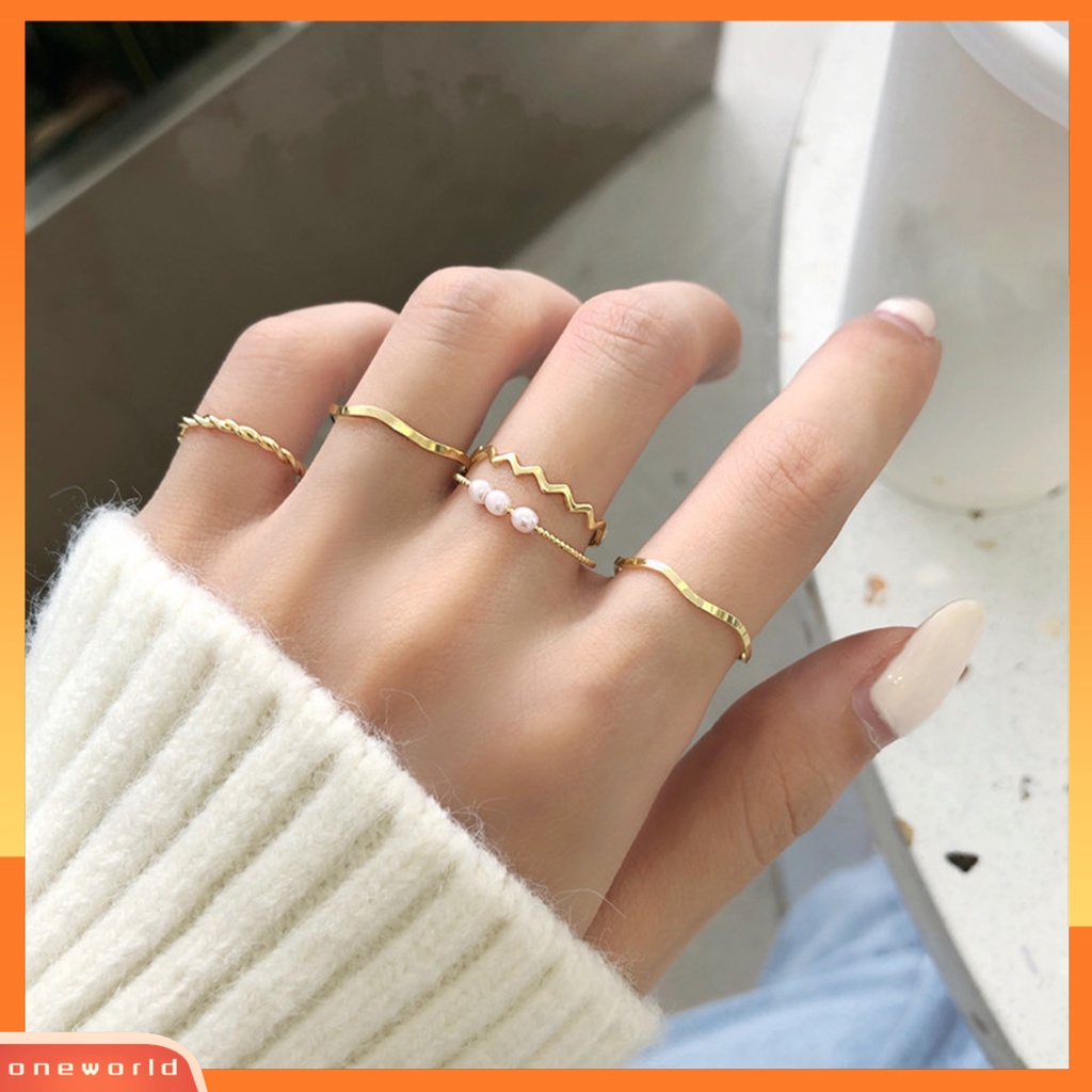 [EONE] 5pcs Cincin Jari Bergelombang Gaya Jepang Korea Mutiara Imitasi Perhiasan Electroplating Stackable Rings Set Untuk Pesta Pernikahan Perjamuan Prom