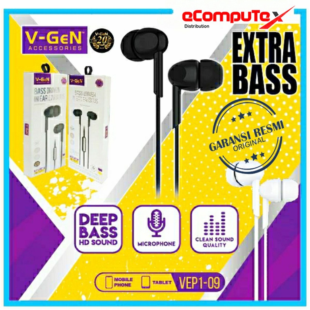 EARPHONE V-GEN EXTRA BASS VEP1-09 WIRED HEADSET ORIGINAL GARANSI RESMI