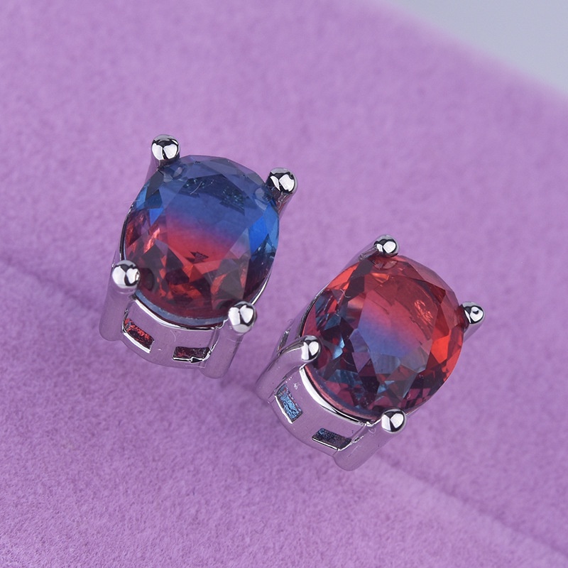 Goldkingdom Aksesoris Perhiasan Fashion Ready Stock Duawarna Tourmaline Earrings Berbentuk Telur Merah, Biru Dan Hijau Semangka Tourmaline Engagement Earrings.