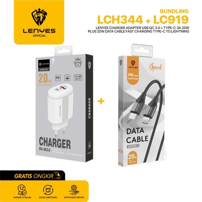 Lenyes LCH344 + LC919 Charger Handphone + Data Cable Paket Bundle original kabel cable casan travel charger tc android usb charger micro usb type c batok kepala charger