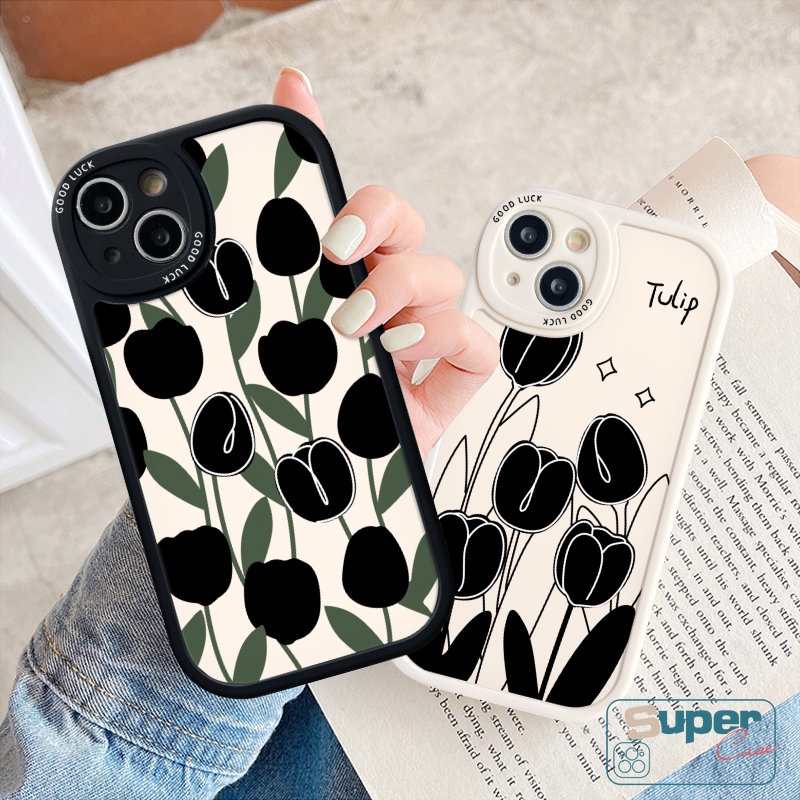 Oppo A15 A17 A95 A16 A78 A17K A54 A92 A58 A74 A1K A12 A3S A5s A9 A96 A77s A5 A16K A5 A57 A16E A7 A53 A76 Reno 8T 5F 8 7Z 7 5Z 5 A31 Couple Bunga Hitam Simple Tulip Sarung Soft Case