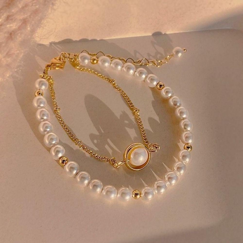 Needway Korea Gelang Mewah Trendi Rantai Manis Keperakan Indah Baroque Double Layer Bracelet