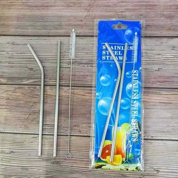 Sedotan Stainless Steel Set 3in1 3 in 1 Lurus Bengkok Sikat Anti Karat