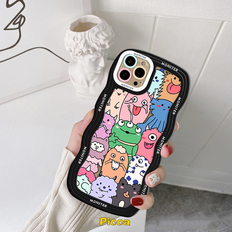 Case Monster Kecil Lucu Imut Kompatibel Untuk IPhone XR 11 13 12 14 Pro Max 7Plus 6s 6 7 8 Plus X XS Max14 Plus SE 2020 Kartun Hewan Lembut Bergelombang Tepi Belakang Ponsel Cover