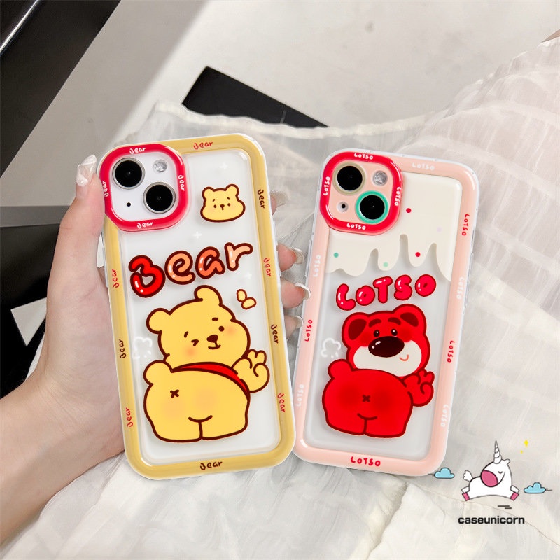 IPHONE Kartun Manyo Strawberry Bear Phone Case Kompatibel Untuk Iphone11 13 14 12 Pro Max 7Plus 7 6 8 6s Plus XR X XS Max SE 2020 Cute Winnie the Pooh Lembut Shockproof Pasangan Airbag Cover