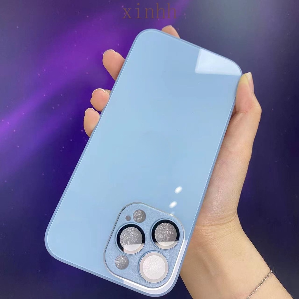 IPHONE Casing Ponsel Kaca Biru Mengkilap Jauh Puncak Untuk Iphone14 13 12 11 Pro Max 14Plus Lensa Perlindungan Diperkeras Casing Belakang