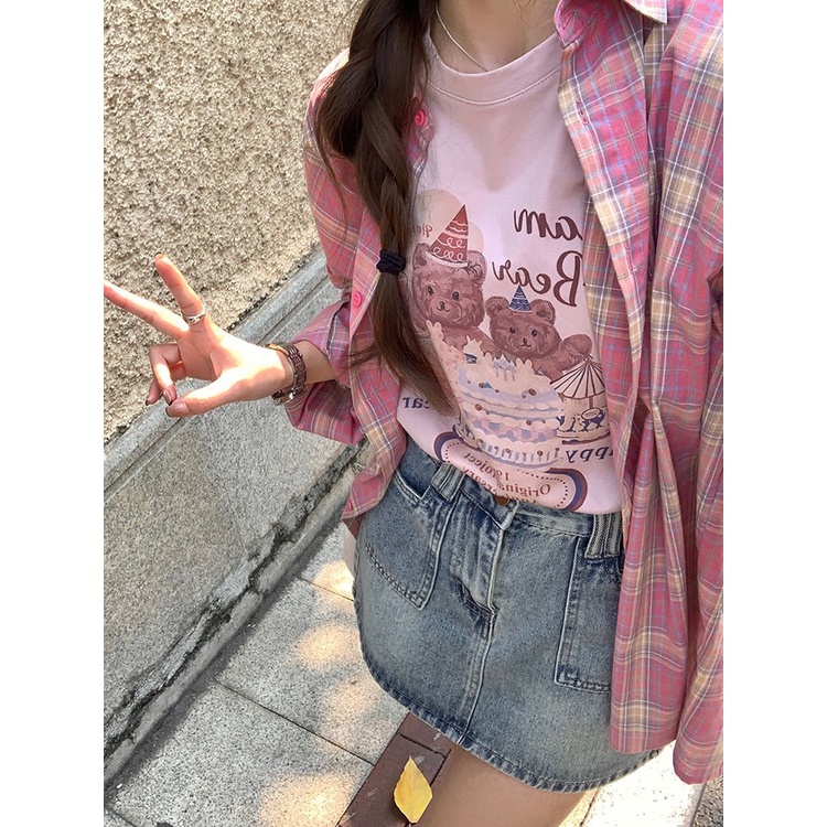 [ COD✅ ] Aroana Love kemeja wanita warna Pink Kotak-kotak Kemeja Wanita Versi Korea Longgar Kerah Re