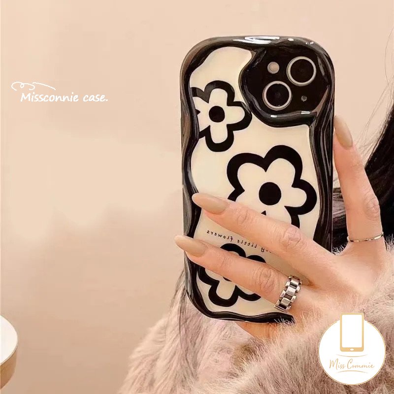 IPHONE Casing 3D Wavy Curved Edge Glossy Kompatibel Untuk Iphone11 Pro Max 7Plus XR 6s 8 6 7 Plus 14 13 12 Pro Max X XS Max SE 2020 Simple Tiga Bunga Putih Airbag Lembut Shockproof Cover