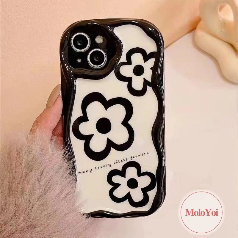 Casing Tiga Bunga Putih Sederhana Kompatibel Untuk IPhone 7Plus XR 6s 8 6 7 Plus 11 Pro Max 14 13 12 Pro Max X XS Max SE 2020 3D Wavy Curved Edge Glossy Lembut Shockproof Airbag Cover