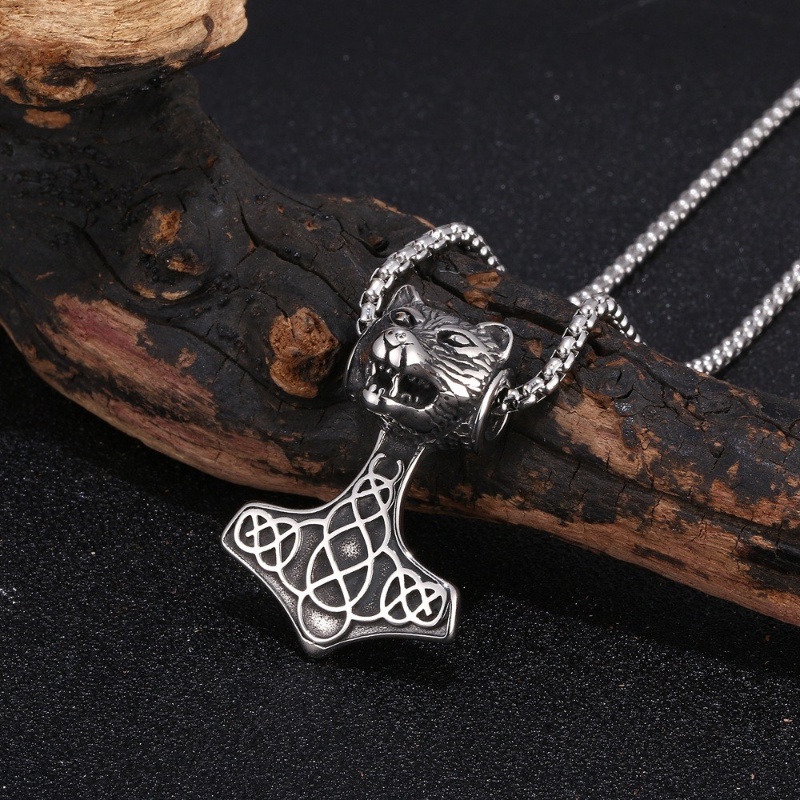 [Z H Perhiasan] Vintage Nordic Viking Thunder Hammer Tiger Hip Hop Liontin Pria Dan Wanita Fashion Stainless Steel Kalung Punk Pesta Rock Perhiasan Aksesoris