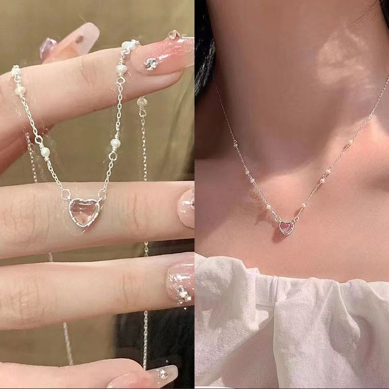 Kalung Liontin Hati Zirkon Pink Elegan Untuk Wanita Mutiara Emas Rantai Choker Aksesoris Perhiasan