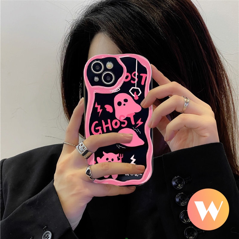 IPHONE Casing Ponsel Lucu Pink Soul Ghost Kompatibel Untuk Iphone7 8 6 6s Plus 11 13 12 14 Pro Max XR X XS Max SE 2020 3D Wavy Curved Edge Tpu Lembut Glossy Shockproof Cover