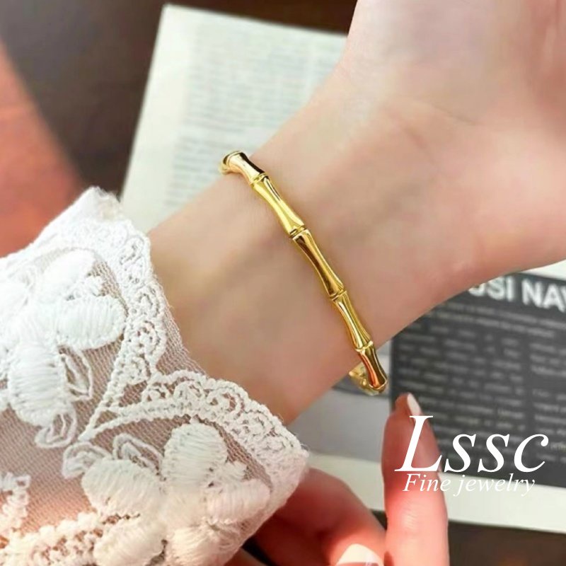 Gelang Titanium Wanita Anti Karat Bambu Keberuntungan Emas 18K Elegan Cantik Aksesoris Perhiasan Fashion Korea
