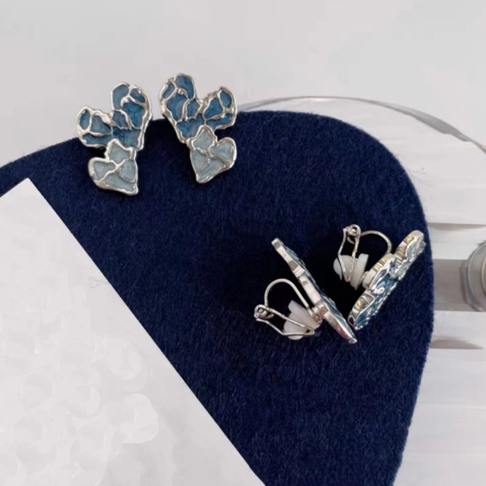 Anting Klip Hati Ganda Biru Tidak Teratur Non Tindik Untuk Wanita Vintage Perhiasan Geometris Fake Piercing Ear Cuff