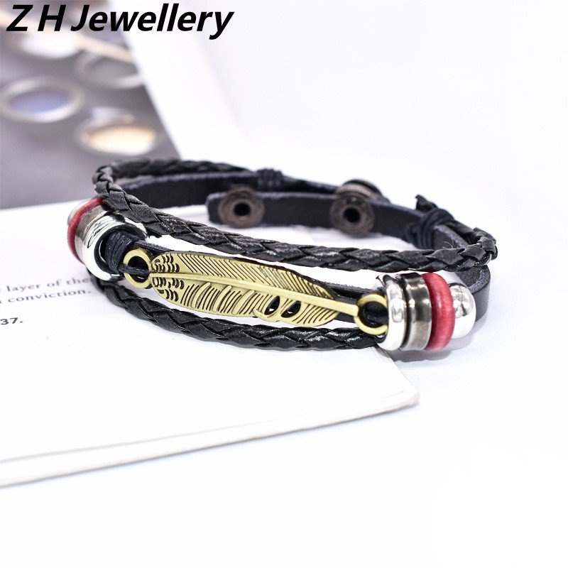 [Z H Perhiasan] Vintage Bulu Manik-Manik Gelang Kulit Fashion Pria Dan Wanita Stainless Steel Multilayer Gelang Punk Pesta Rock Perhiasan Aksesoris