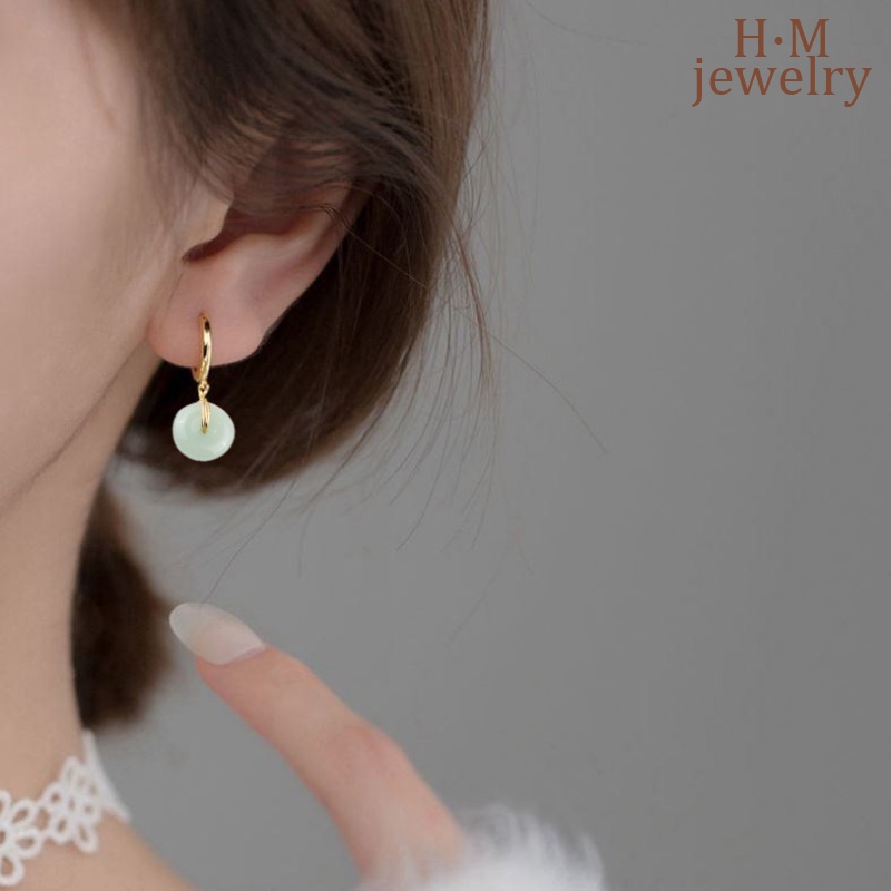 Anting Giok Emas 18K Anting Perempuan Klip Telinga