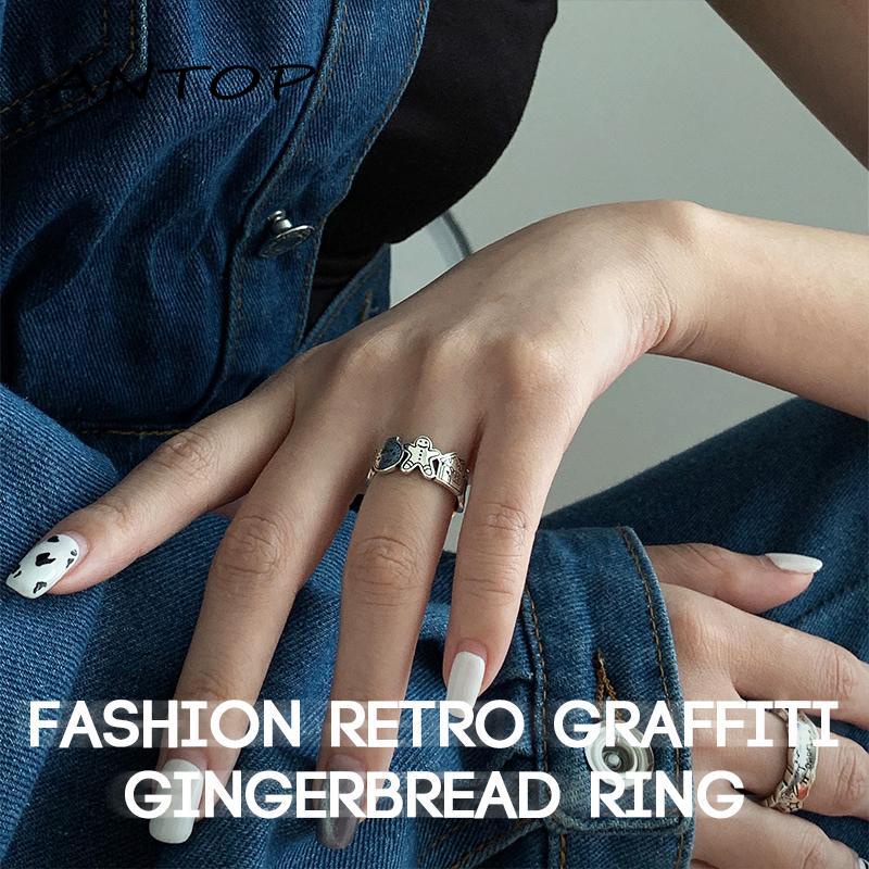 [antop] Tidak Memudar Cincin Perempuan Pembukaan Adjustable Desain Graffiti Gingerbread Man Ring