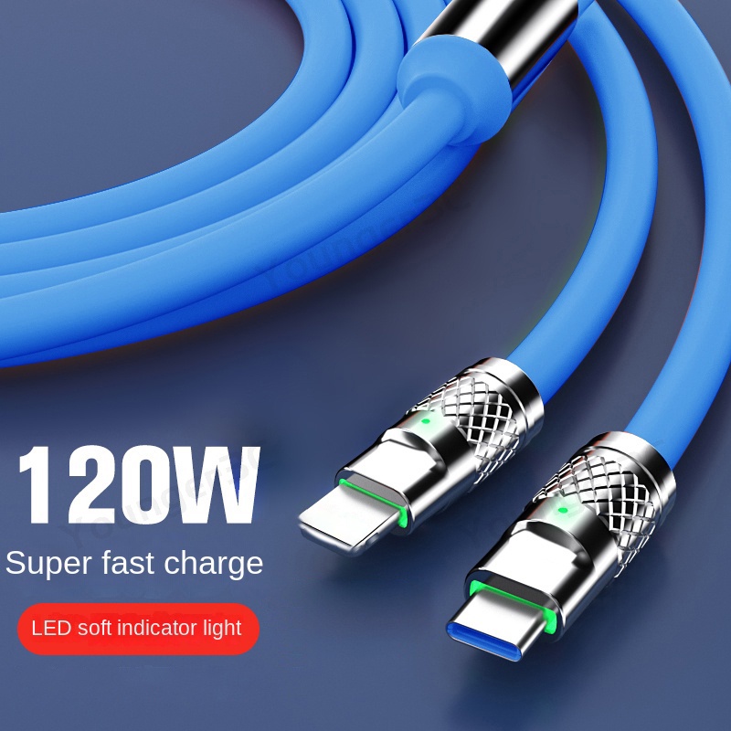 2in1 Zinc Alloy Super Fast Charger Kabel 120W Silikon Cair 6A Micro Usb Data Line Dengan Indikator Untuk i-phone Tipe C