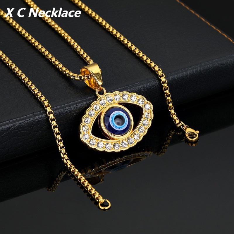 [X C Kalung] Warna Emas Zirkon Hias Mata Keberuntungan Baja Titanium Hip Hop Vintage Pria Dan Wanita Kalung Pesta Ulang Tahun Hadiah Fashion Liontin