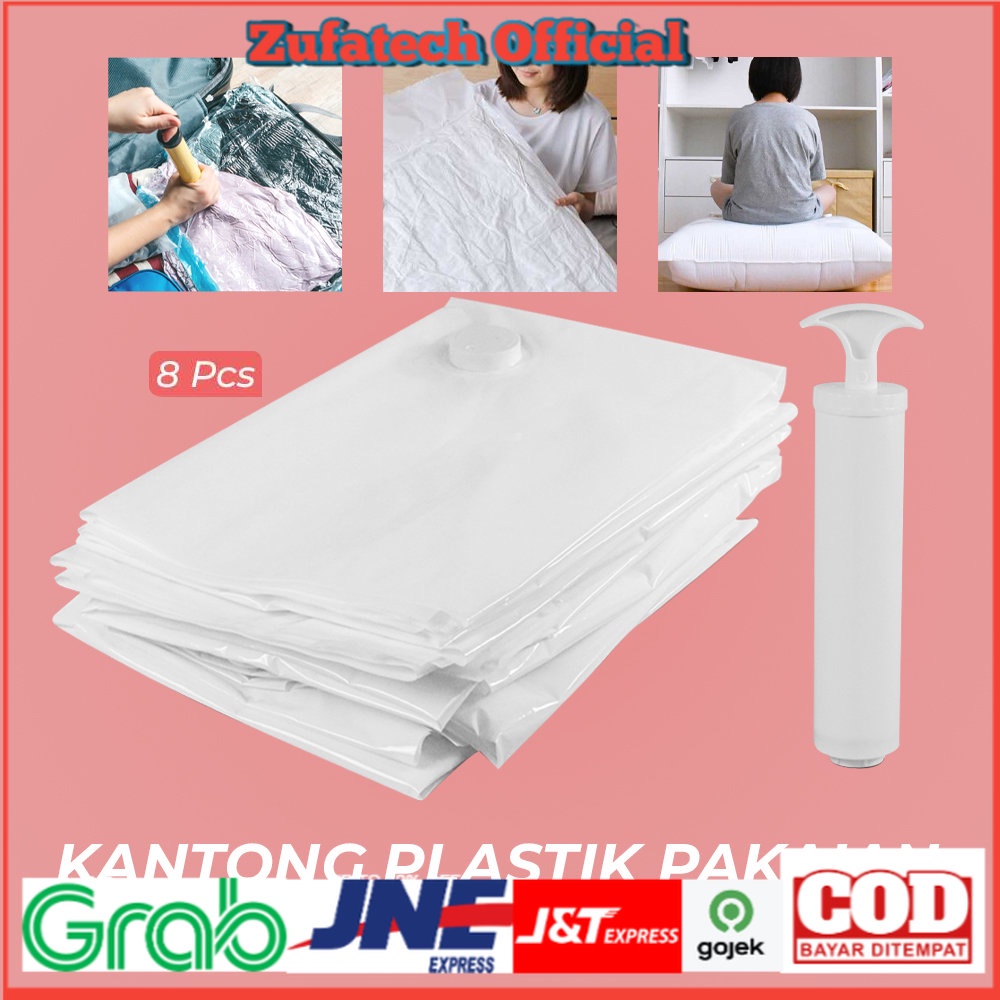 WHISM Kantong Plastik Pakaian Vacuum Bag 8 PCS with Hand Pump - WH021 - White - 7CHA1XWH