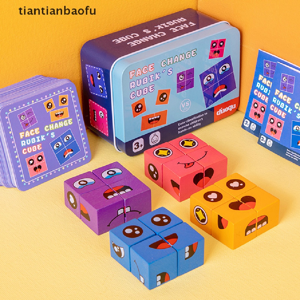 [tiantianbaofu] Emosi Wajah Mengubah Blok Ekspresi Kayu Mainan Puzzle Anak Cube Table Game Belajar Montessori Mainan Edukasi Anak Butik