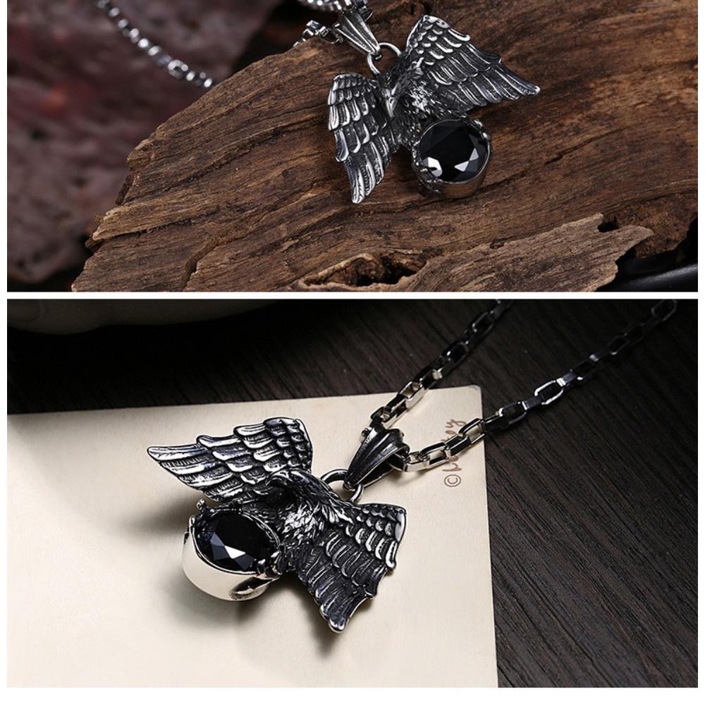 [X C Kalung] Wanita Hip Hop Punk Gothic Vintage Perak Kalung Eagle Ambil Permata Baja Titanium Liontin Rock Pesta Fashion Perhiasan