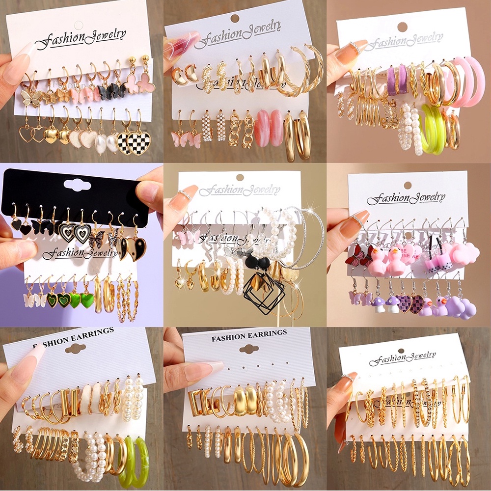 Korea Fashion Drop Oil Resin Hoop Earrings Untuk Wanita Mutiara Hati Kupu-Kupu Ular Drop Earring Set Tai Chi Kristal Bulan Stud Earing Perhiasan Aksesoris