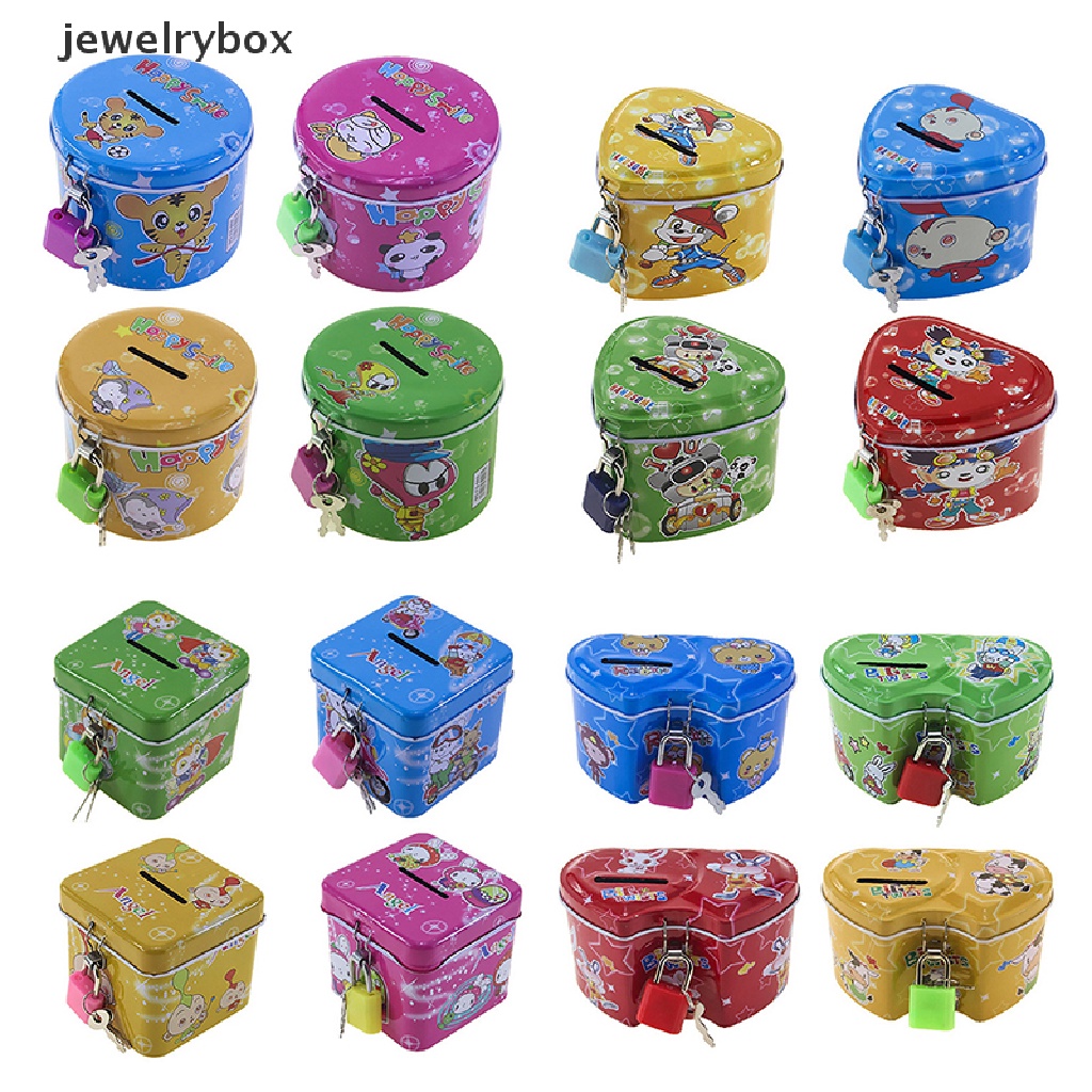 [jewelrybox] Celengan Logam Kaleng Persegi Kartun Lucu Menabung Uang Koin Uang Kotak Mainan Anak Hadiah Ulang Tahun Anak 4warna Dengan Kunci/Butik Kunci