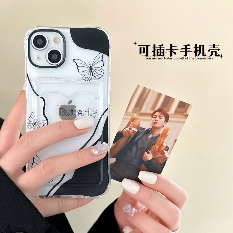 【Card Case】Black White Butterfly Girl Woman Clear Soft TPU Case HP iP iPhone 7 8 14 + Plus SE 2020 X XS XR Max 11 12 13 Pro Max FTD Casing Apple