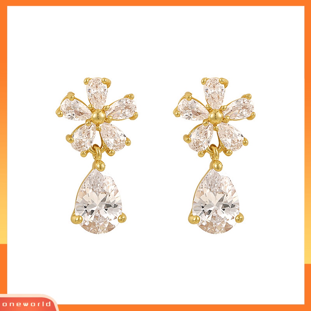 [ONE] 1pasang Anting Pejantan Bening Tetesan Air Emas Elegan Mewah Berlian Imitasi Hias Bunga Menjuntai Anting Fashion Perhiasan