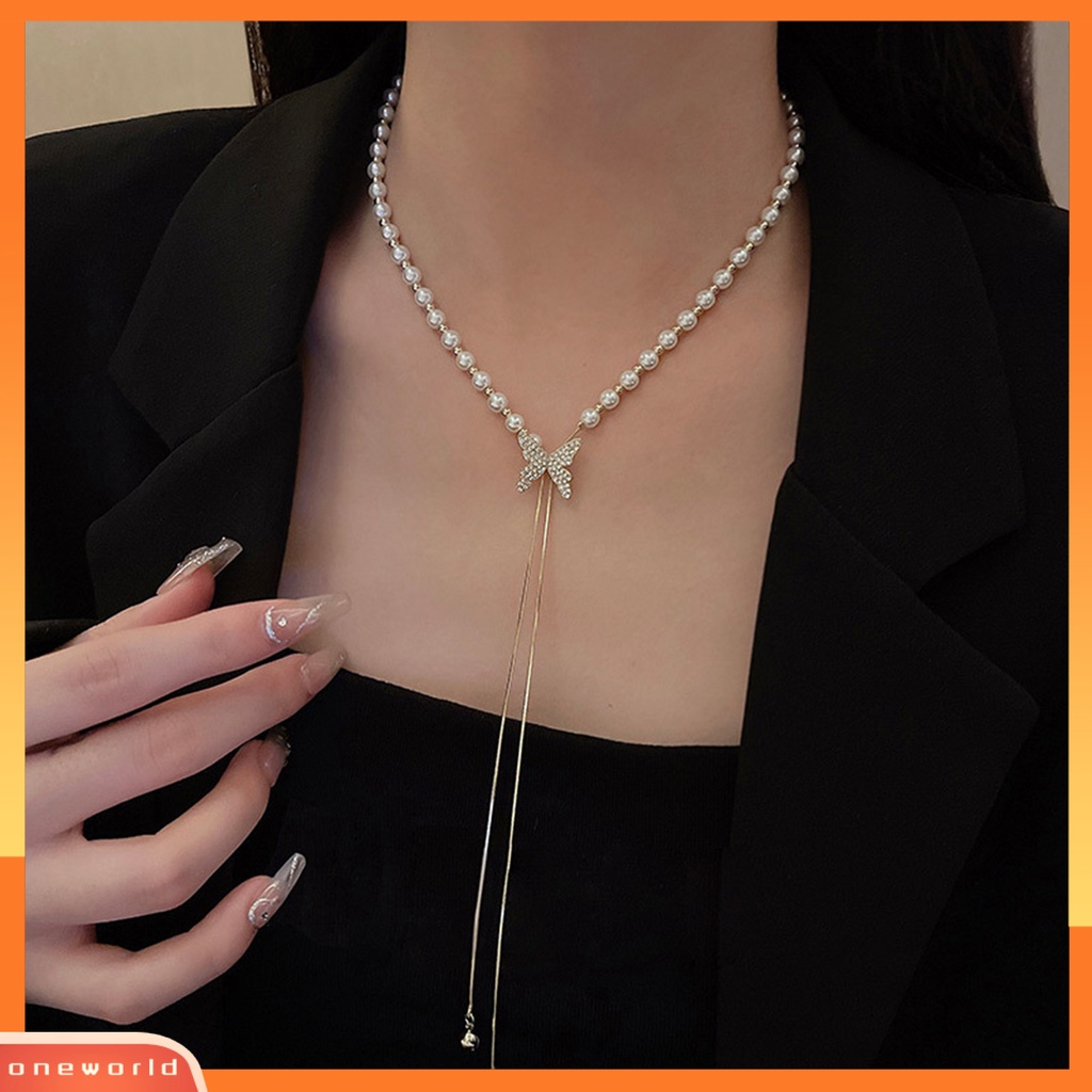 [ONE] Fashion Kalung Pengerjaan Halus Desain Rumbai Kupu-Kupu Eye-catching Finishing Terang Tidak Luntur Dekorasi Tahan Lama Wanita Mutiara Imitasi Kalung Perhiasan Aksesori