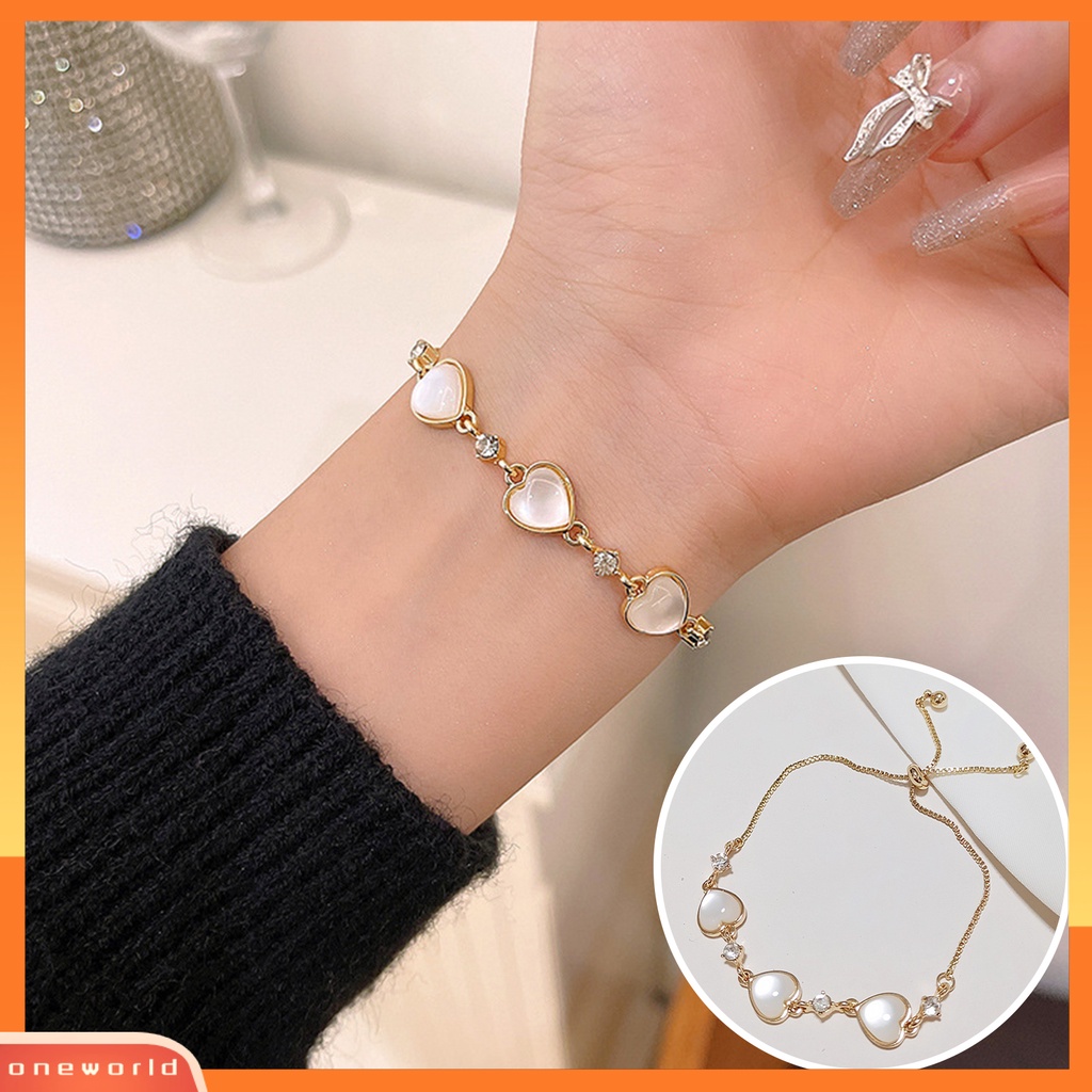 [ONE] Wanita Gelang Shiny Faux Cat Eye Stone Adjustable Golden Elegan Tiga Cinta Hati Pesona Wanita Bangle Fashion Perhiasan