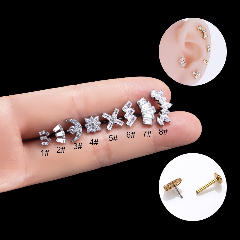 1biji Mahkota Bulan Bentuk Hypoallergenic Surgical G23 Baja Titanium Bibir Labret Stud Anting Tulang Rawan 16Gauge Piercing