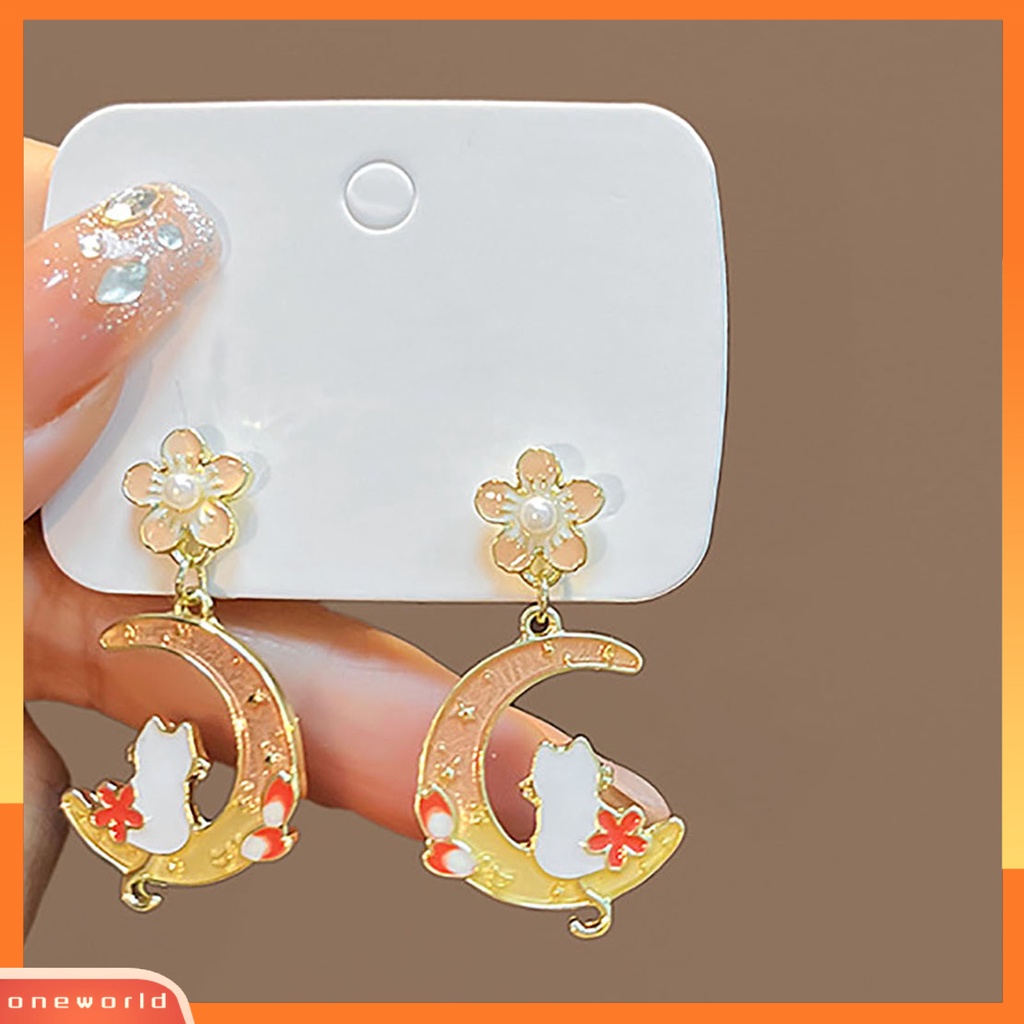 [EONE] 1pasang Anting Pejantan Kartun Pola Bunga Sederhana Geometris Electroplating Hias Warna Yang Sesuai Dengan Wanita Bulan Sabit Kelinci Lucu Menjuntai Anting-Anting Aksesori Fashion