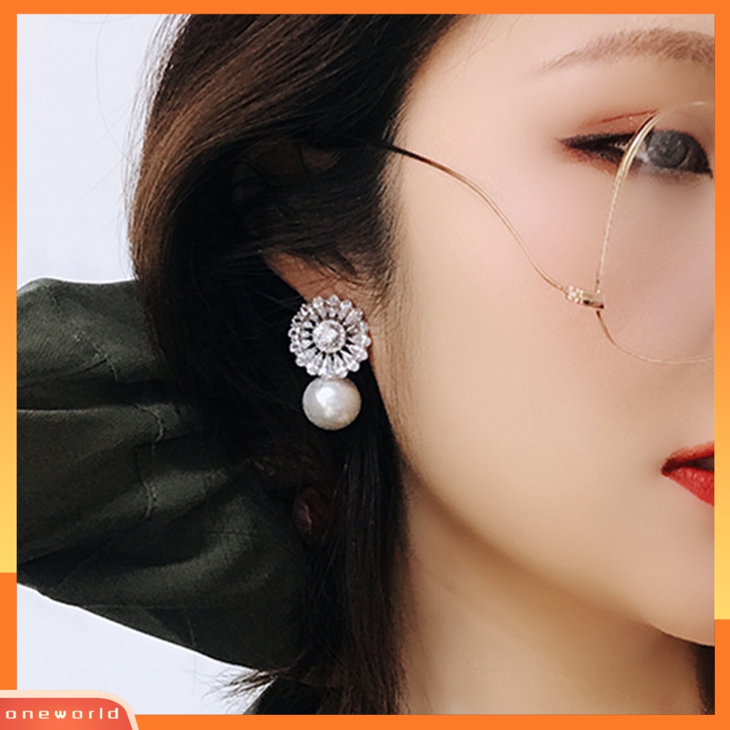 [EONE] 1pasang Drop Earrings Cubic Zirconia Shiny Charming Geometric High-end Dekorasi Aksesori Baroque Bunga Imitasi Mutiara Anting Perhiasan Pertunangan