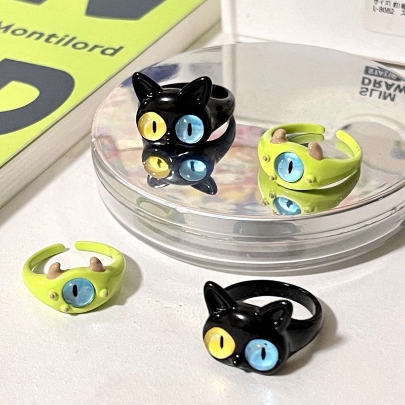 Cincin Monster Hijau Lucu Baru Wanita Fashion Manis Dua Warna Mata Kucing Terbuka Pasangan Cincin Pernikahan Jari Aksesoris Perhiasan