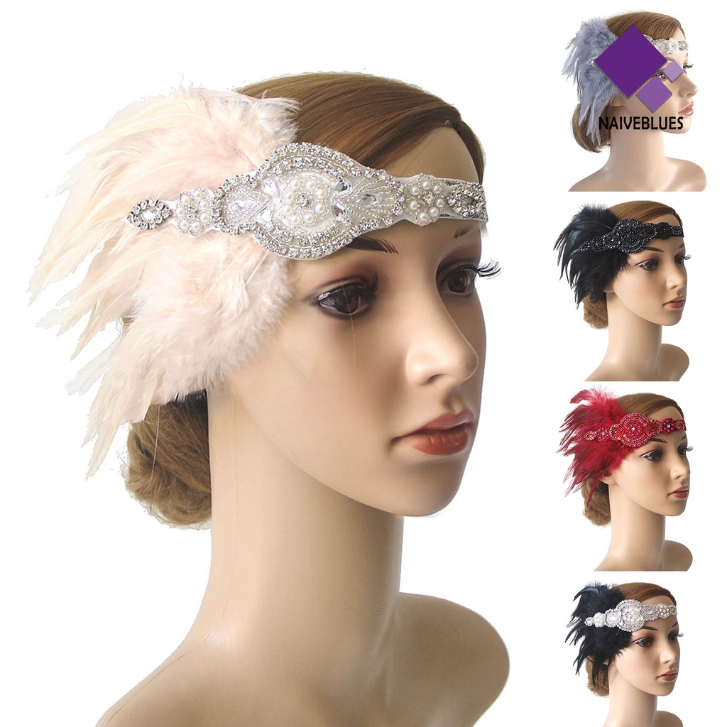 &lt; Naiveblues &gt; Wanita Flapper Bando Mutiara Imitasi Bulu Jumbai Vintage Pengantin Flapper Prom Pesta Aksesoris Rambut