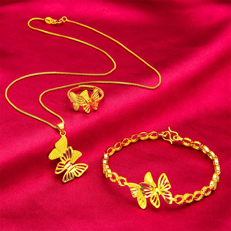 Goldkingdom Perhiasan Fashion 24K Bangkok Aksesoris Ready Stock Wanita Busur Gelang Kalung Cincin Kupu Lapis Emas Set