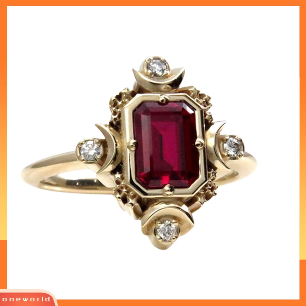 [EONE] Cincin Wanita Persegi Merah Perhiasan Permata Imitasi Electroplating Rhinestones Finger Ring Untuk Pernikahan