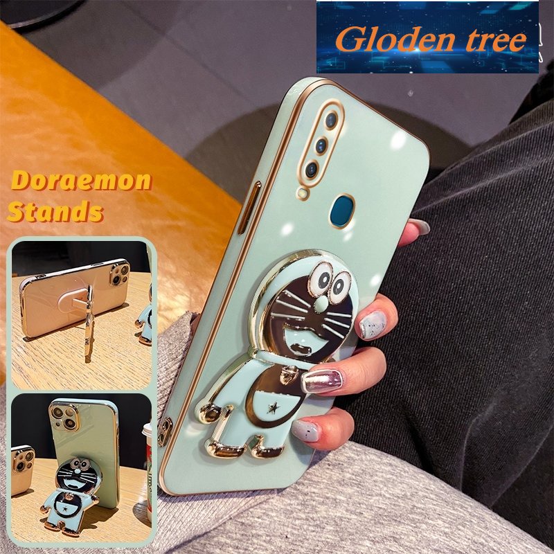 Casing Pohon Gloden Untuk vivo Y17 Y15 Y12 Y11 2019 Y02s Y16 Y12i Case Fashion Kartun Doraemon Stand Lipat Casing Ponsel Electroplating Shockproof Phone Holder Case
