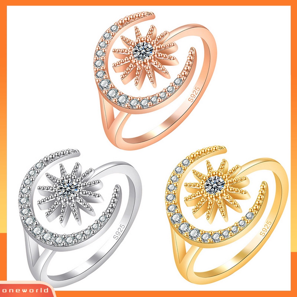 [EONE] Wanita Cincin Pembukaan Geometris Dainty Elegan Temperamen Hadiah Berlian Imitasi Tertanam Bintang Bulan Jari Cincin Aksesoris Perhiasan