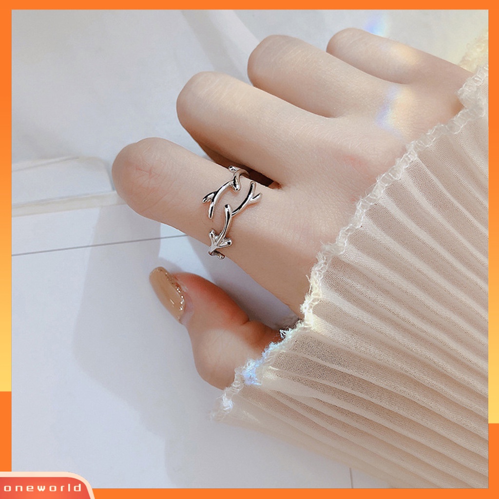[EONE] Open Ring Adjustable Geometris Electroplating Tanduk Menawan Dekorasi Tahan Aus Cabang Sederhana Daun Cincin Tipis Aksesori Perhiasan