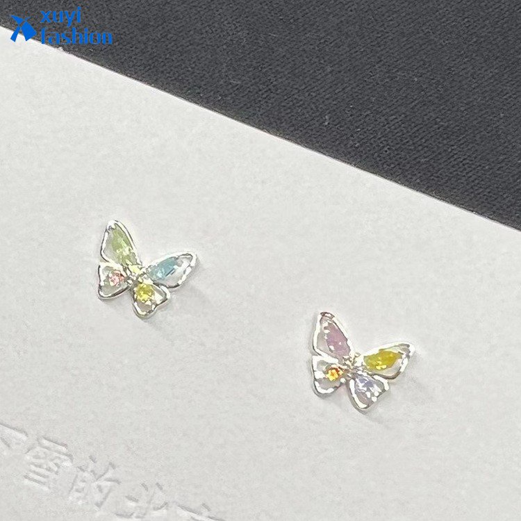 Anting Kupu-Kupu Kristal Warna-Warni Untuk Wanita Silver Stud Earring Perhiasan Aksesoris